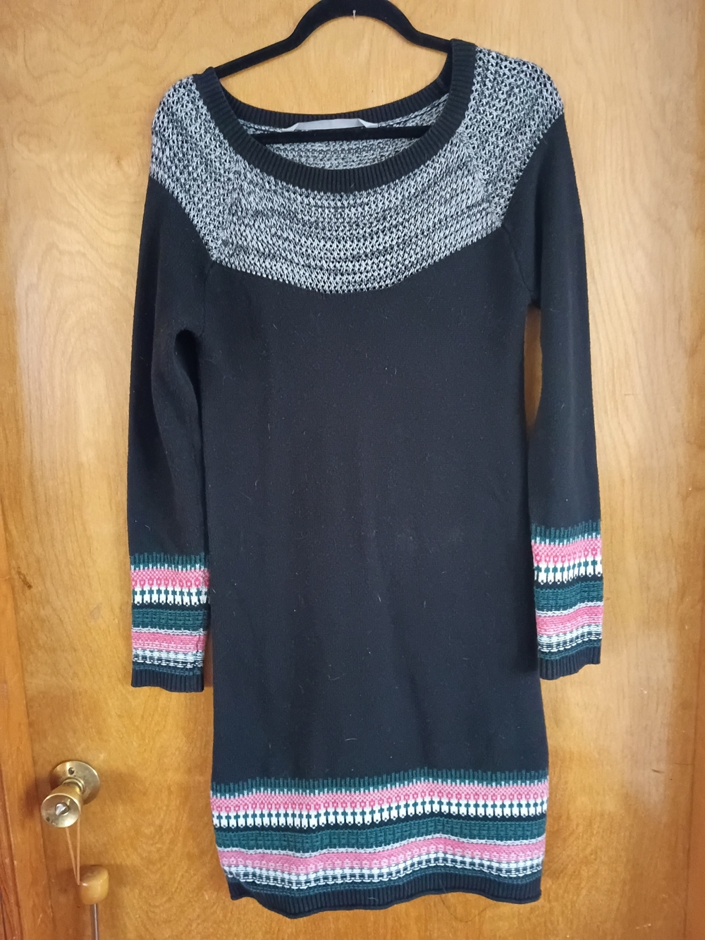 Athleta Black Knit Crewneck Sweater Dress with Pink and Green Fair Isle Trim